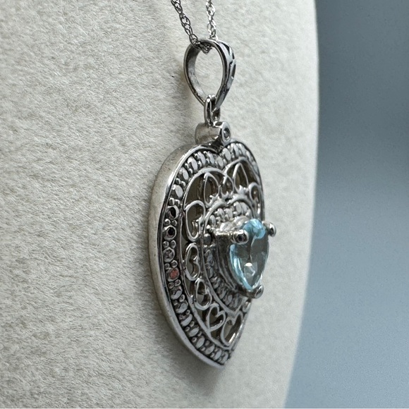10K WG/925 Filigree Blue Topaz Heart Pendant Necklace - Picture 4 of 16